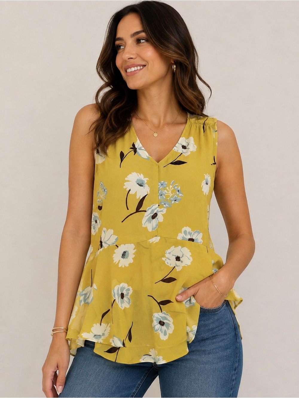 CAbi || Mustard Floral V-Neck Peplum Tank Top with Cami. Sz. S - Picture 1 of 14